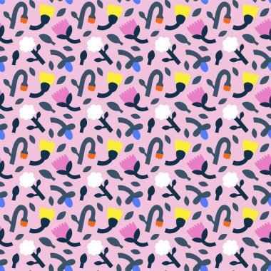 Küçük çiçek modayı, soyut şekil, yapraklar, laleler ve kır çiçekleri, kusursuz vektör dokusu, çağdaş botanik baskısı, pul şekilleri, karalamalı çiçek tomurcuğu ve taç yaprağı