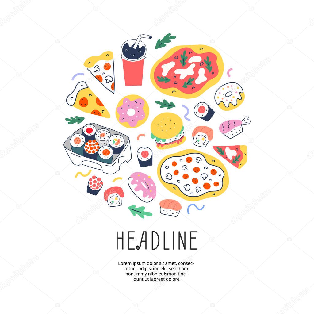 Fastfood template background with doodle illustrations of pepperoni pizza, sushi roll and, tasty delivery cafe menu cover