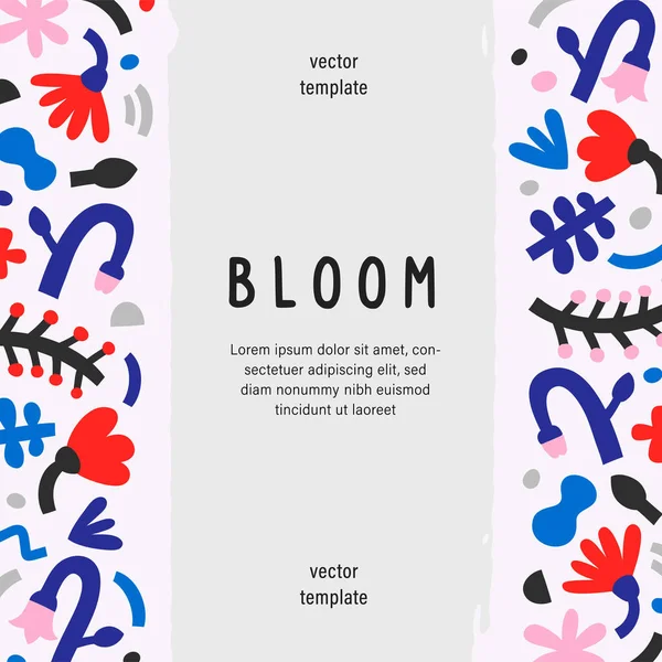 Florale Randvektorvorlage für Banner oder Grußkarten mit Kopierraum, botanische Doodle-Illustrationen von Blumen, Blättern und abstrakten Formen, zeitgenössische Ornamente, organische moderne Einladung — Stockvektor