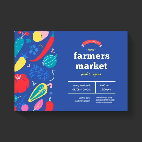 Banner del mercado de agricultores, plantilla gráfica para el festival de alimentos orgánicos del agricultor local o feria, ilustración dibujada a mano de pimienta y tomate, diseño moderno, cartel publicitario para el festival de alimentos orgánicos . — Vector de stock