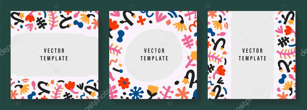 Modern abstract templates collection, contemporary abstraction modern floral borders and frames with copy space for text, trendy doodle shapes. Vector backgrounds for invitation or greeting card