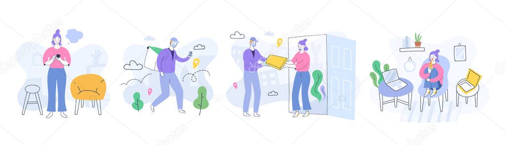 Delivery on coronavirus quarantine, courier in mask and gloves, woman ordering pizza, online service, smartphone app, cartoon characters, steps of delivering process, happy customer at home vector Delivery on coronavirus quarantine, courier in mask and gloves, woman ordering pizza, online service, smartphone app, cartoon characters, steps of delivering process, happy customer at home vector