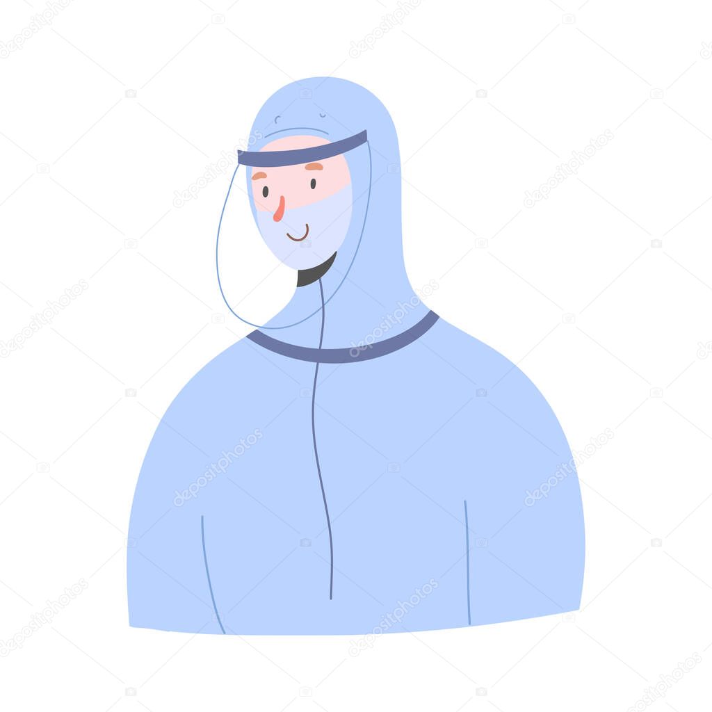 Doctor in coverall suit against covid, face mask and protective face shield, safety clothes for medical staff, overall costume, smiling kind physician
