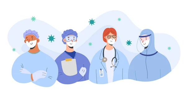 Equipo médico contra coronavirus, médicos con máscaras y trajes de protección de pie juntos, concepto de trabajo en equipo, ilustración vectorial, grupo de personajes, personal del hospital, covid-19 med aid — Archivo Imágenes Vectoriales