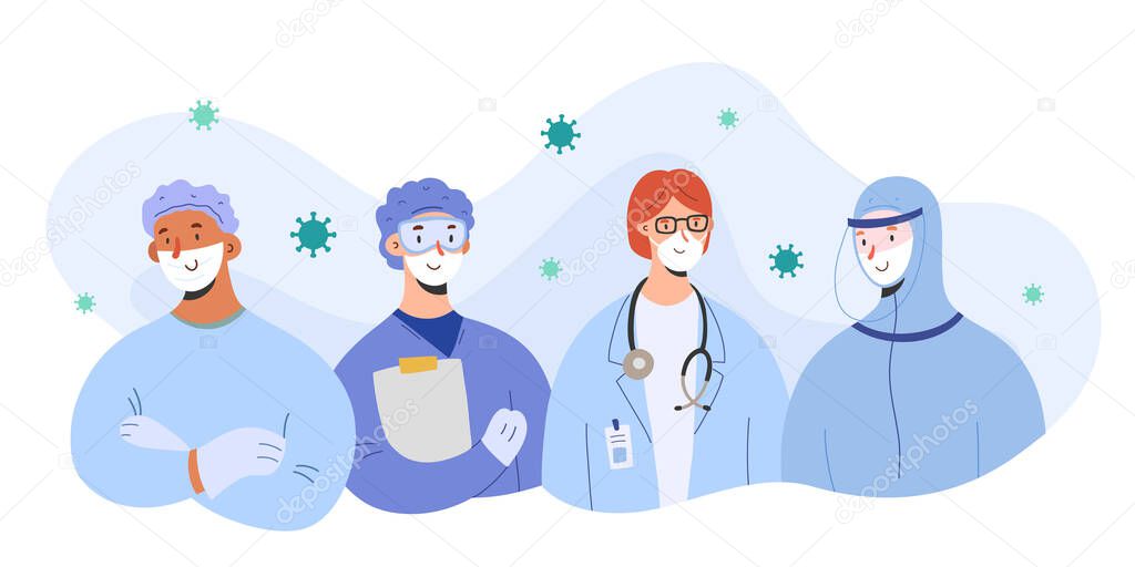 Medical team against coronavirus, doctors wearing masks and protective suits stand together, team work concept, vector illustration, group of characters, hospital staff, covid-19 med aid
