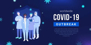 Doktorlar, tıp uzmanları koronavirüs ve covid-19 hastalığıyla savaşmaya hazır. Takım çalışması konsepti, Ncov 'a karşı kalkan koruması, klinik personeli üniforması ve maskeleri, vektör pankart şablonu