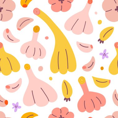 Sarımsak deseni, kabarcıklar ve eldivenler, renkli karalama çizimi, kusursuz vektör süsü, elle çizilmiş gıda çizimi, mutfak tekstili, sebze çizimi