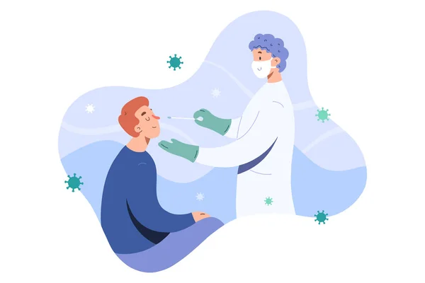Covid test, doctor collects nose mucus by swab sample for covid-19 infection, patient being tested, lab analysis, medical checkup, flat cartoon vector illustration, friendly doctor in face mask — Stock Vector