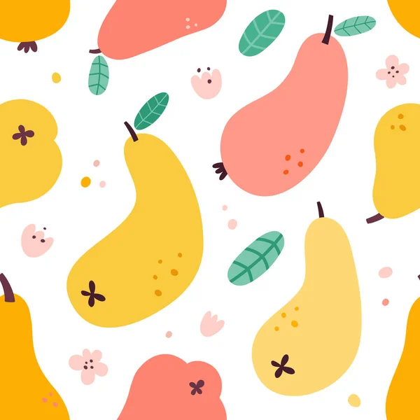 Peer fruit patroon, naadloze vector ornament, verse rijpe peer met bladeren, schattige hand getekend illustratie, vector achtergrond — Stockvector