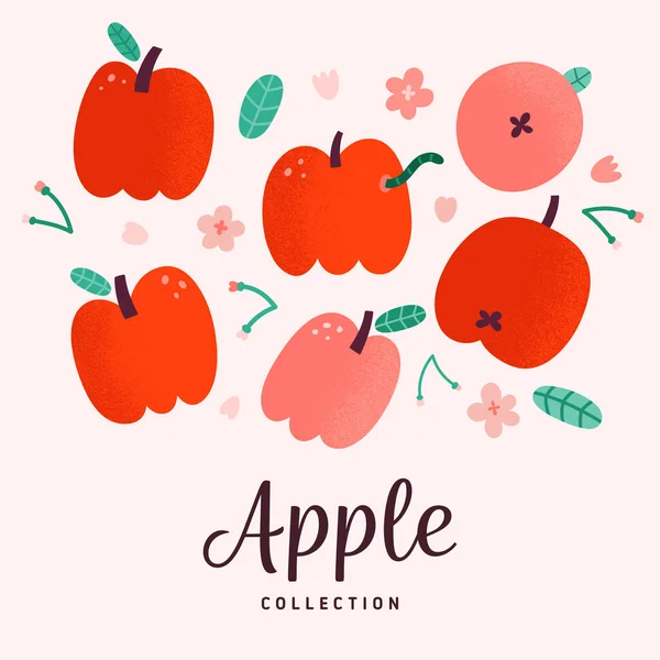 Collection de pommes rouges, dessin vectoriel doodle, illustration vectorielle isolée, fruits frais d'été doux avec des fleurs et des feuilles en fleurs, pomme avec ver, illustration de style plat dessinée à la main — Image vectorielle