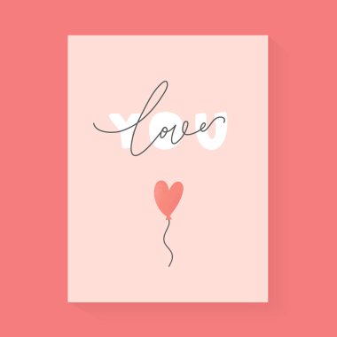 İçinde harf olan sevimli romantik kart. Seni seviyorum ve el çizimi kalp şekilleri balon, el yazısı tipografi ve pastel renkli kartpostallı zarif tebrik kartı.