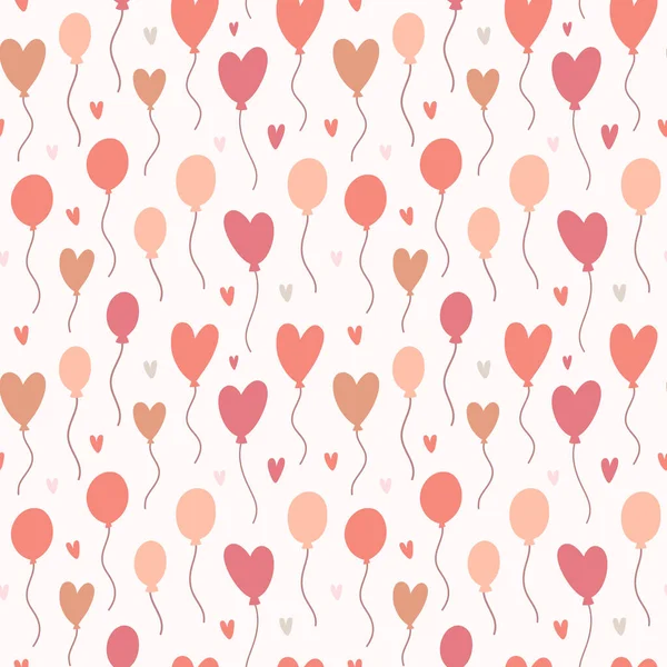 Ballon patroon, Leuke diverse hartvormige ballonnen, Handgetekende illustratie, Eenvoudige doodle werkje, Romantische achtergrond voor de kaart of cadeau inpakpapier, Trendy gedempte kleuren — Stockvector