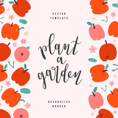 Fotokopi alanı olan elma çerçevesi, harf kartı şablonu, el yazısıyla çizilmiş vektör dekoratif kenar, bahçe alıntısı, taze meyve resimlerinin modern el çizimleri.