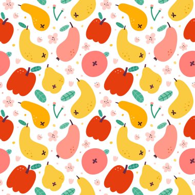 Elmalı armut deseni, parlak yaz deseni, kusursuz vektör deseni, mutfak tekstili süsü, renkli arka plan, taze tatlı meyve, kırmızı elma ve sarı ve pembe meyve.