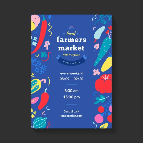 Αφίσα αγοράς αγροτών, διάταξη διανυσματικού προτύπου για τοπικές εκδηλώσεις, εικονογράφηση τροφίμων, μοντέρνος σχεδιασμός αγγελιών για φεστιβάλ βιολογικών τροφίμων τροφίμων. Γραμματοσειρά χειροποίητη με λογότυπο — Διανυσματικό Αρχείο