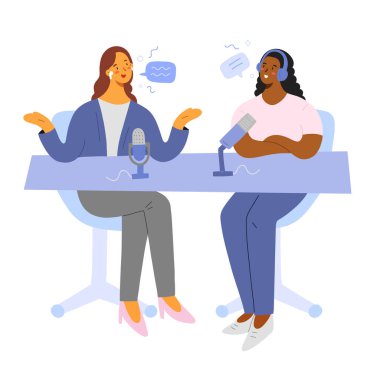 Konukların konuştuğu Podcast sunucusu, canlı yayın, radyo programı, insanlar haberleri tartışıyor, bir şov kaydediyor, mikrofonları olan düz çizgi film karakterleri, vektör illüstrasyonu, konuşma baloncukları