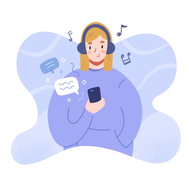 Genç kız mesajlaşıyor ve kulaklıkla müzik dinliyor, kapüşonlu tişörtlü tatlı kız elinde akıllı telefon, mobil uygulama mesajcısı ile sohbet ediyor, düz vektör çizimi
