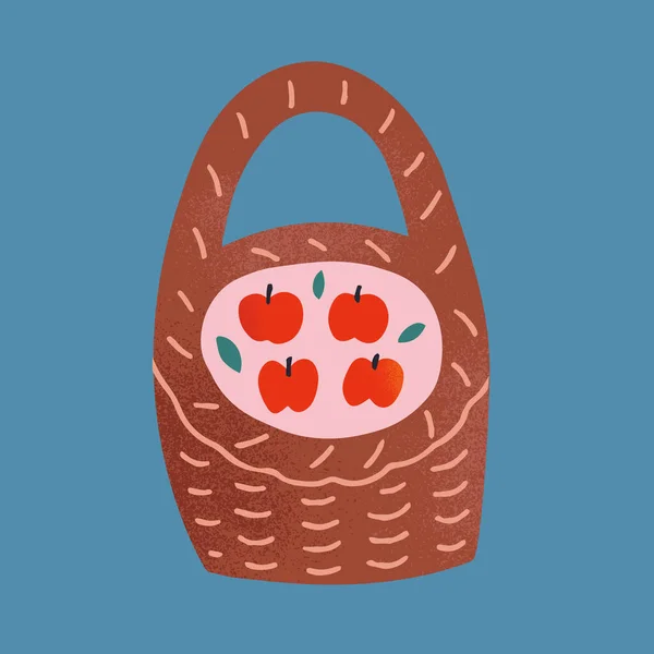 Κόκκινα μήλα σε ψάθινο καλάθι, διανυσματική απεικόνιση, ζωγραφισμένα στο χέρι έργα τέχνης, απλό σύγχρονο αφελές σχέδιο με υφή αποτέλεσμα, εποχιακά φρούτα στο καλάθι, βιολογική συγκομιδή, καλή ως κάρτα — Διανυσματικό Αρχείο