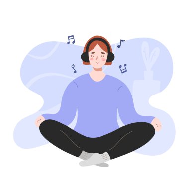 Yoga yapan, evde müzik dinleyen, Lotus pozisyonunda kablosuz kulaklık takan kadın karakter, sakin sakin sakin ortam, kapalı aktiviteler, meditasyon konsepti, vektör karikatür çizimi