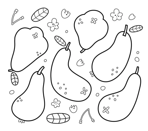Collection de poires Doodle, illustrations vectorielles dessinées à la main, fruits frais et mignons de poire d'été, dessin noir et blanc à l'encre moderne, croquis vectoriels isolés — Image vectorielle