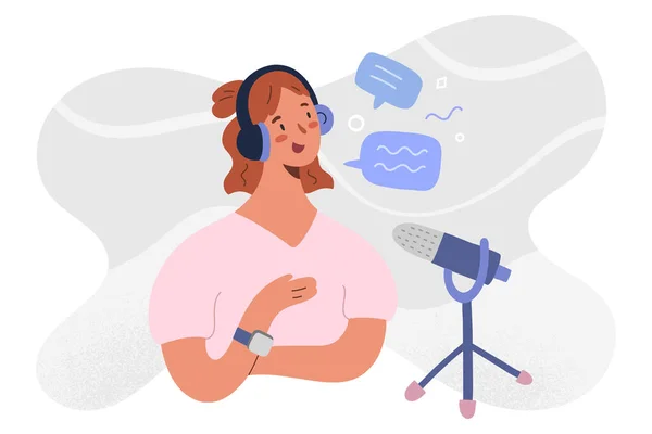 Podcast host hercoderen, streamen van een reeks van online radio-aflevering. Vrouw blogger in headset en microfoon, het maken van media-opname thuis of in de studio, met de hand getekend cartoon vector illustratie geïsoleerd — Stockvector