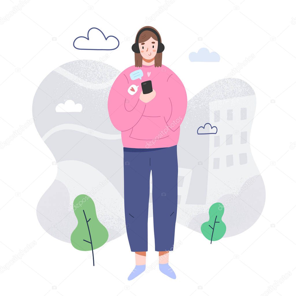 Teenager texting, reading messages in messanger mobile app or social media network, female teen girl in hoodie with headphone, concept of young people modern way of communication, flat vector cartoon