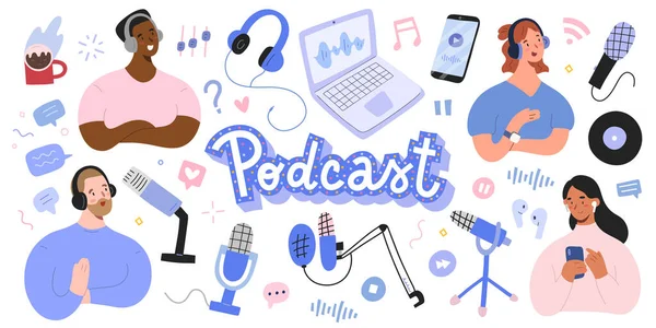 Podcast koleksiyonu, podcaster 'lar ve dinleyiciler, çeşitli mikrofonlar ve kulaklıklar, ev yapımı podcast şovu, izole edilmiş vektör çizimleri, çizgi film karakterleri için ev stüdyo ekipmanları