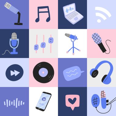 Profesyonel mikrofonlar, kulaklıklar, defter ve soyut çizim resimleriyle podcast pop sanat afişi basılı poster ya da afiş gibi renkli kompozisyon