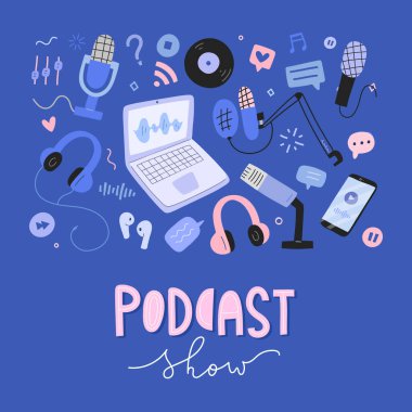 Podcast koleksiyonu, çeşitli araçlar, kayıt için ekipman, profesyonel yoğunlaştırıcı mikrofon, kulaklık, iş istasyonlu dizüstü bilgisayar, karalama ve harflerle yapılan illüzyonlar.
