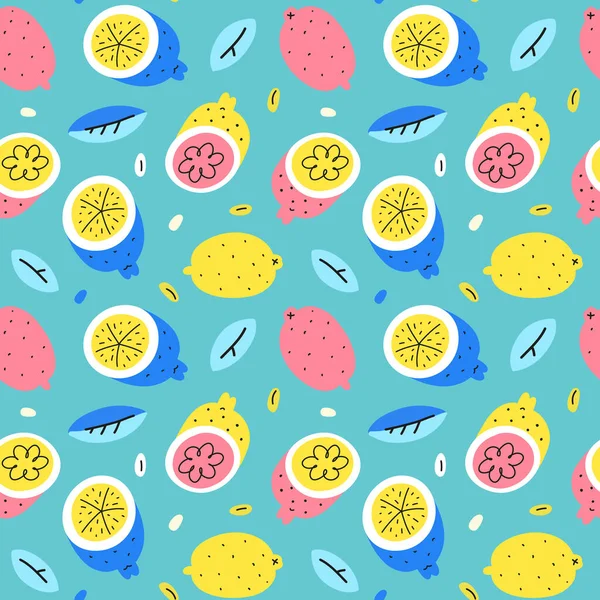 Doodle citroen patroon, naadloze herhaling ornament, kleurrijke trendy achtergrond met hele citroen fruit, heldere handgetekende mode print, goed als behang, textiel print — Stockvector