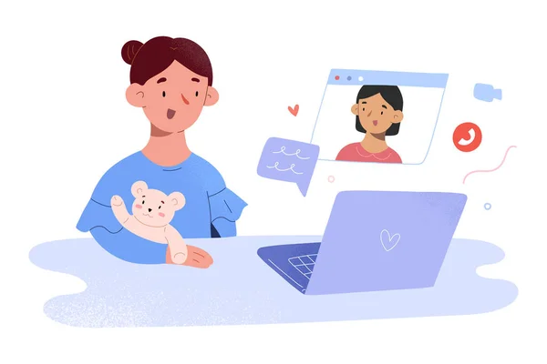 Kinderen videogesprek, kleine meisjes communiceren via video chat tijdens isolatie en quarantaine, videoconferentie voor kinderen, schattige baby stripfiguren, vrienden online praten, vector illustratie — Stockvector