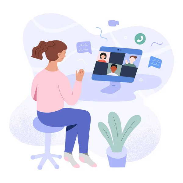 School leren op video conferentie, meisje op desktop maken groep video oproep voor thuis studeren tijdens zelf-isolatie en quarantaine, remote e-learning concept, vector cartoon illustratie — Stockvector