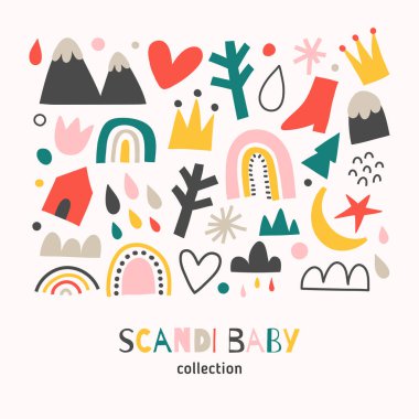 İskandinav bebek koleksiyonu, İskandinav soyut şekilleri seti, karalama el çizimleri gökkuşağı, dağ, izole vektör çizimleri, şirin karalama çizimleri, minimalist İskandinav tasarımı