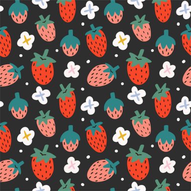 Çilek deseni siyah arka planda, meyve süsü çiçek açmış böğürtlenlerin el çizimi, mutfak masa örtüsü için iyi, ambalaj kağıdı, tekrar eden fayans.