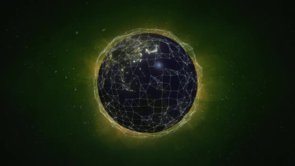 ループアニメーション 3D地球の夜の光のプレキシスの形で覆われている 緑の背景 — ストック動画