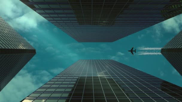 Avião Voa Sobre Arranha Céus Negócios — Vídeo de Stock