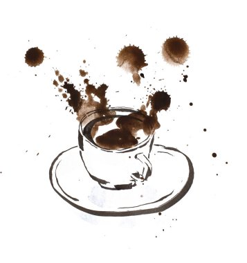 Suluboya ve mürekkeple çizilmiş kahve fincanı