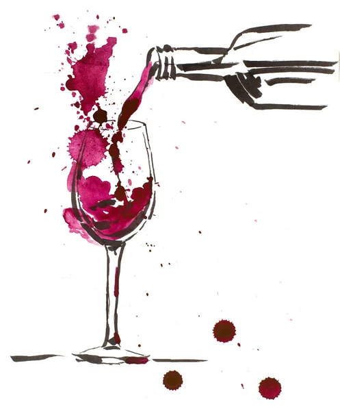 Watercolor and ink hand drawn drawing of red wine glass on white background