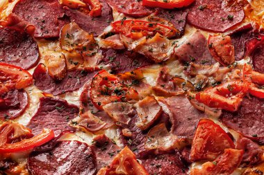 Lezzetli pizza yakın çekim üst görünüm yiyecek arka planı