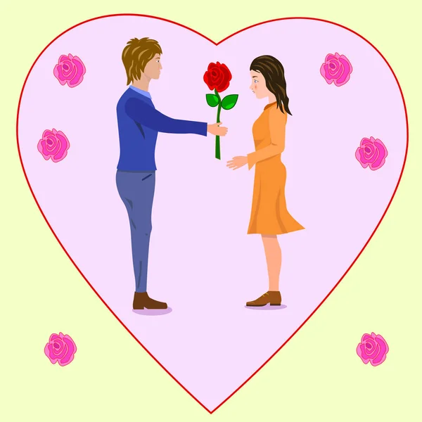 Dia Dos Namorados Dois Adolescentes Cercados Por Grande Coração Flores — Vetor de Stock