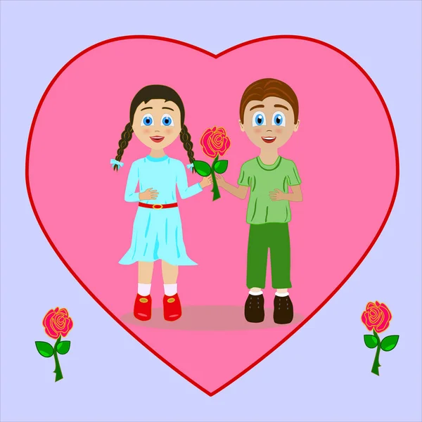 Valentijnsdag Twee Profielen Van Kinderen Met Bloemen Harten — Stockvector