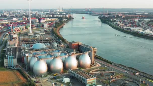 Industriële wijk Aerial Panorama Hamburg Duitsland — Stockvideo