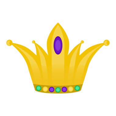 Çizgi film tarzında değerli taşları olan altın taç. Tasarım ve web için beyaz arkaplanda izole edilmiş düz biçimli vektör illüstrasyonu.