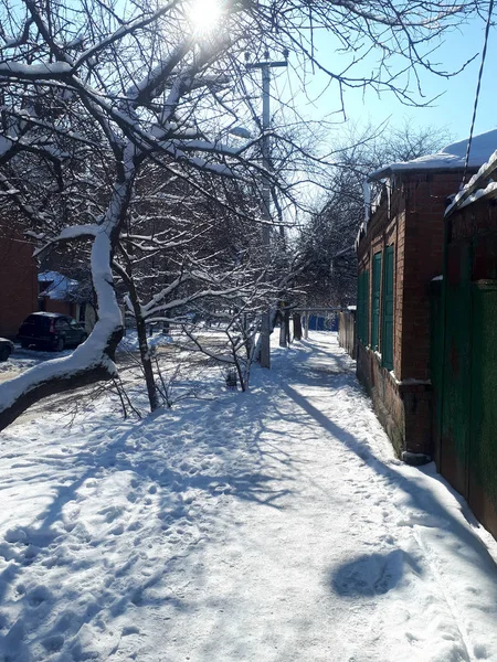 Rue Enneigée Étage Russie Trottoir Hiver Dans Une Ville Russe — Photo