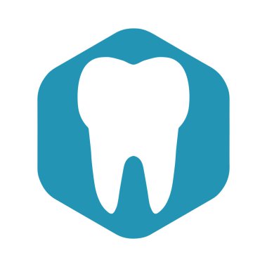 Diş simgesi. Mavi altıgen üzerinde beyaz diş. Beyaz arkaplanda izole edilmiş basit düz bir şekilde vektör illüstrasyonuName.