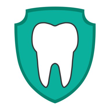 Diş simgesi. Yeşil kalkanda beyaz bir diş. Beyaz arkaplanda izole edilmiş basit düz bir şekilde vektör illüstrasyonuName.