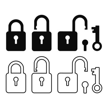 Kilidi simgeleyin. Kapalı ve açık kilitler, anahtar, anahtar deliği. Tasarım ve web için beyaz arkaplanda izole edilmiş vektör illüstrasyonu.