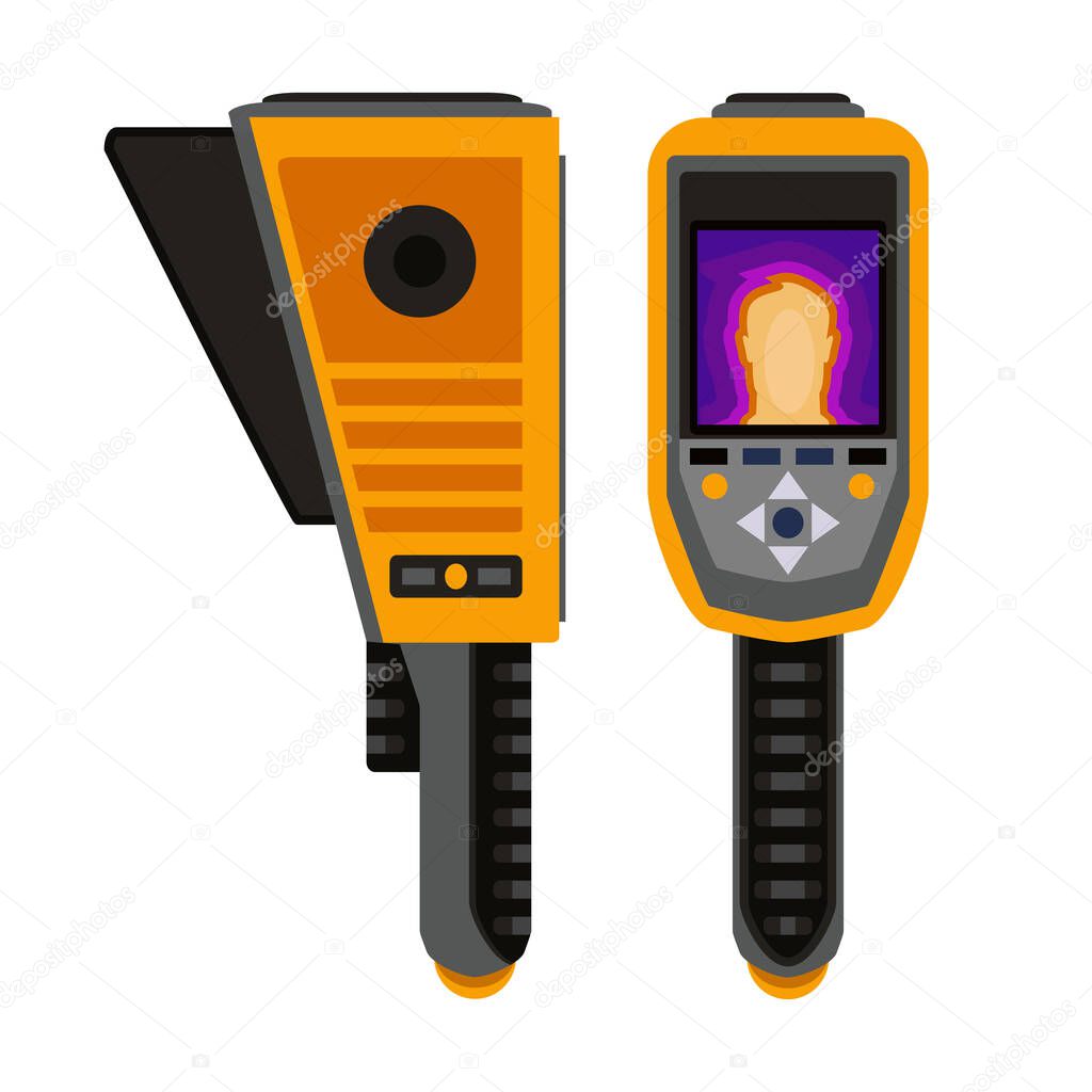 The Thermal imager. A imager is a device for monitoring the temperature distribution of the studied surface and detecting people with high temperature in a crowd. Vector illustration isolated.
