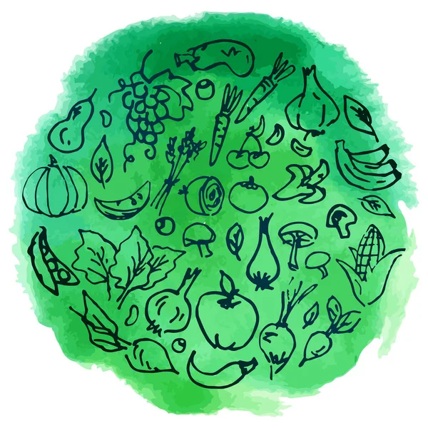 Органическая Еда Био Эко Продукты Ручной Рисунок Овощей Фруктов Зеленом — стоковый вектор