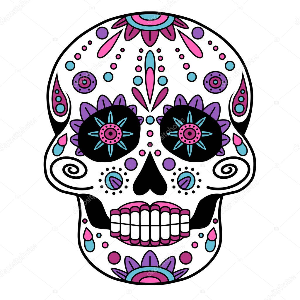 Mexican sugar skull. Colorful skull with floral ornament. Design for the Mexican holiday Day of the dead. Vector illustration.